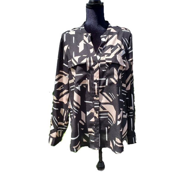 Calvin Klein Geometric Pattern Button Down Tab Sleeve Size L - Picture 1 of 15